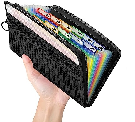 Ansook Coupon Receipt Organizer Holder, 13 Pockets Small Accordian File Organizer,Junior Size 10.8x6.8 Inches, Zipper Closure,Monthly Budget Planner Organizer, Black