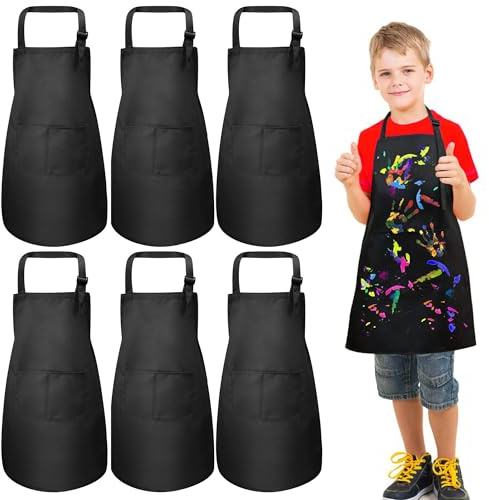 umboom 6 Piezas Delantales Negro para Niños, Delantal de Cocina para Niñas, Ajustable Infantil Delantal con 2 Bolsillos, Escuela Delantales para Pintar, Hornear, Cocinar, Manualidades, Jardín