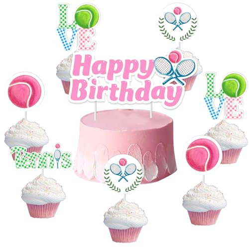 13 Stück Tennis Tortendeko, Tennis Ball Cupcake Topper Sport Themen Geburtstagskuchen Dekorationen Rosa&Grün Happy Birthday Kuchendeckel für Tennis Party Dekoration Geburtstagsparty