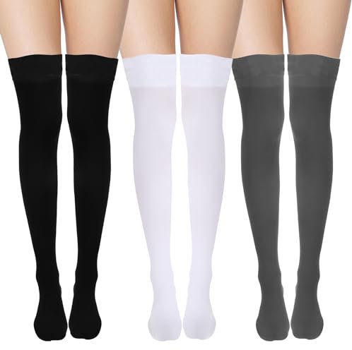 Overknees Strümpfe Damen, 3 Paar Lange Strümpfe für Kurze Röcke, Oberschenkelstrümpfe, Kniestrümpfe für Damen und Mädchen (Schwarz, Weiß und Grau)
