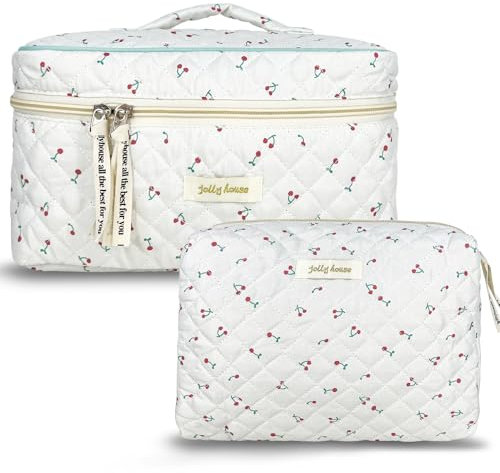 TOPALL Reise Kosmetiktasche Set Damen,Blumen Kosmetiktasche Aesthetic Make Up Bag Tasche Gesteppte Kulturtasche Beauty Case Baumwolle,Cherry(Large+Medium)