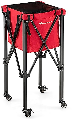 GYMAX Carrello Porta Palline da Tennis Pieghevole in Alluminio e Tessuto Oxford con Capacità di 150 Palline e Sacca Rimovibile, Carrello da Tennis con Ruote per Allenamento, Rosso