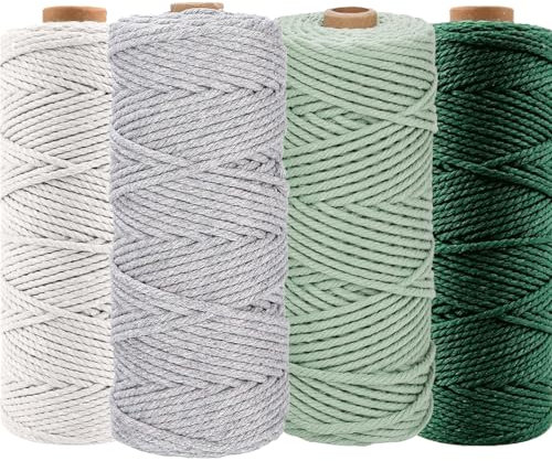 Cerkkapo 4 Pieces Corde Macramé, 3mm x 400m Fil Macramé, Naturel Fil Coton macramé Set (Vert foncé, Vert Clair, Beige,Gris), pour travaux manuels Tissage,tentures murales,Rideaux Porte,paniers Fleurs