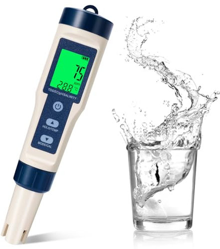 pH Mètre 5 en 1 Numérique avec Écran LCD, Testeur pH, TDS, EC, Salinité et Température, Précision 0.01, ATC et Étanchéité IP67, Testeur d'Eau pour Piscine, Aquarium, Hydroponie, Eau Potable, Spa
