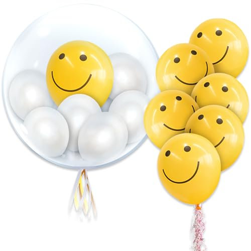 Ovanda 14 Stück Smiley Luftballon Set, Luftballons mit Smiley-Gesicht, Gelb Ballon mit aufgedruckten lächelnden Gesichtern, Latex Luftballons, Balloons Helium, Folien-Heliumballons,Party Balloons Gelb