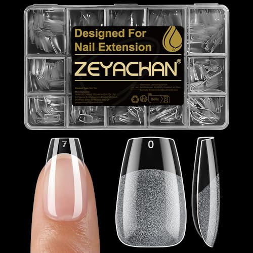 ZEYACHAN 510 Pièces Capsule Americaine Ongle Ballerine Courte, 15 Tailles Semi - mat PMMA Faux Ongles Transparente, Avec Valise De Rangement, pour Les Extensions Et Diy Nail Art