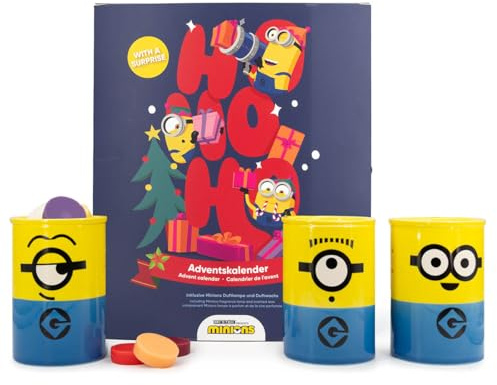 Minions Adventskalender mit Duftlampe & 24 Duftwachs-Würfeln – Offizieller Minions Kalender mit Stuart, Carl oder Bob – 12 verschiedene Düfte für Teelichtlampe – Geschenke für Kinder & Erwachsene