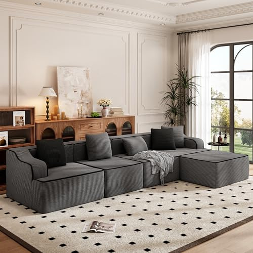 PHI VILLA Ecksofa mit Schlaffunktion Cloud Boneless Couch, 5 Sitzer L Fform Modulares Sofa Wohnzimmer Cord Keine Montage Grau
