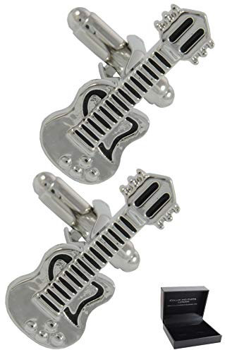 COLLAR AND CUFFS LONDON Manschettenknöpfe Herren Musik - Mit Box - Elektrische Gitarre - Langlebiges Messing - Musikinstrument Lehrer - Silber und Schwarz Farben - EIN Paar