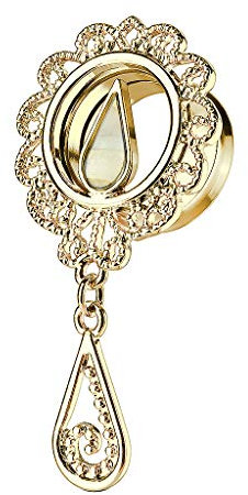 Piercingfaktor Flesh Tunnel Ohr Piercing Plug Ohrpiercing Ear Edelstahl Vintage mit Perlmutt Tropfen Strass Kristall Anhänger Gold 10mm