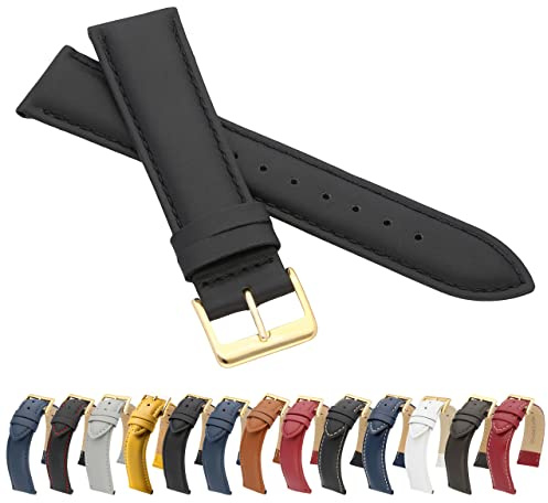 MARCHEL Glattleder LLB 10 mm Schwarz Gold Lederarmband Echtleder Uhrenarmband Rindsleder Feines Leder Uhrband