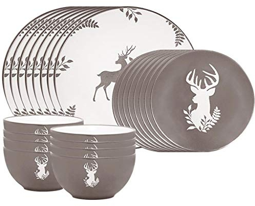 24 Piece Grey Reindeer Stoneware Dinner Set | Dishwasher Safe, Microwave Safe, 8 Dinner Plates, 8 Side Plates, 8 Dessert Bowls, Ceramic, Glazed, Dinnerware Set