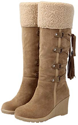 Happyyami Stivali al Ginocchio Stivali con Zeppa Invernali da Donna con Stivaletti Ampi in Pelle Scamosciata Foderati in Pelliccia nappati Nero Beige Marrone