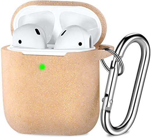 Maledan Kompatibel mit AirPods Hülle AirPods Case Apple Airpods 2 & 1, Bling Glänzend Glitzer Schutz Silikon Schutzhülle (Front LED Sichtbar) mit karabiner, Glitzer Gold