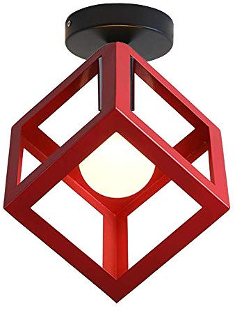 iDEGU Retro Deckenleuchte im Geometrischen Design Moderne Deckenlampe mit Würfel Lampenschirm Vintage Lampe E27 Deckenleuchte für Schlafzimmer Wohnzimmer Flur Küche Café Restaurant, 16 cm, Rot