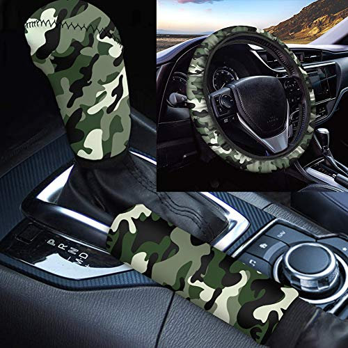 TOADDMOS 3-teiliges Set klassische Armeegrün Camo Print weiche Lenkradbezüge Handbremsabdeckung Schalthebelabdeckung rutschfeste Universal Auto Dekoration