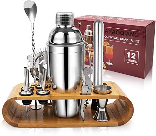 AYAOQIANG Cocktail Shaker Kit, INOX Ensembles de Bar Cocktail Set, 12Pièces Cocktails Ensemble-Cadeau, 750ml Shaker à Cocktail Kit Barman avec Cadre en Bois.