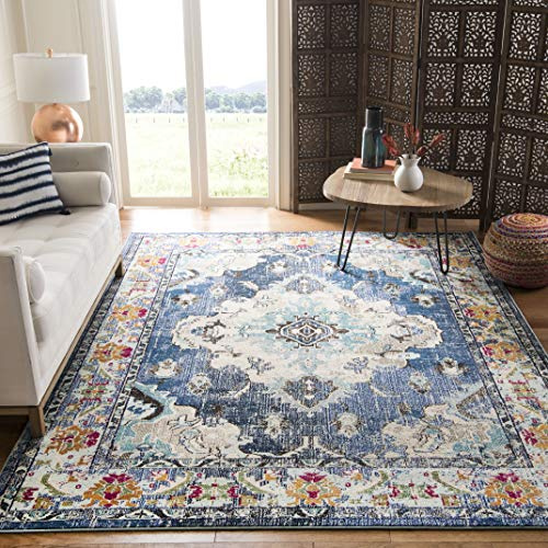 SAFAVIEH Boho Teppich für Wohnzimmer, Esszimmer, Schlafzimmer - Monaco Collection, Kurzer Flor, Violett und Hellblau, 122 X 122 cm