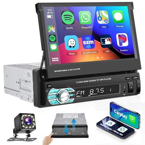 Podofo 1din Autoradio Carplay Android Auto Mirror Link Manuell Ausfahren mit Bildschirm 7'' Bluetooth FM/ 7 Farbe Keylight/Fernbedienung EQ//USB/Lenkradsteuerung/AUX/MIC/SD/Rückfahrkamera