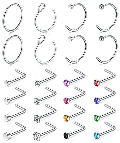 D.Bella Nasenpiercing Set Nasenring Chirurgenstahl L Förmig Nasenstecker Nase Stecker mit Strass Nase Piercing Schmuck 24Stk Silber
