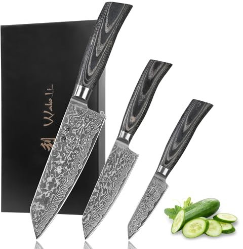 Wakoli EDIB Pro Black Kiritsuke Damastmesser Set – 3-teiliges Profi Küchenmesserset, 67 Lagen Damaststahl mit VG10-Kern, 17 cm, 12 cm & 9 cm Klinge, dunkler Pakkaholzgriff, in Holzbox