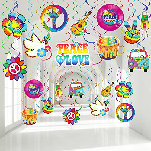 60er Jahre Hippie Thema Party Folie Swirl Dekorationen, 60er Jahre Groovy Party Retro Blumenausschnitte Friedenszeichen hängende Wirbel Deckendekorationen für 60er Jahre Hippie Thema Groovy Party