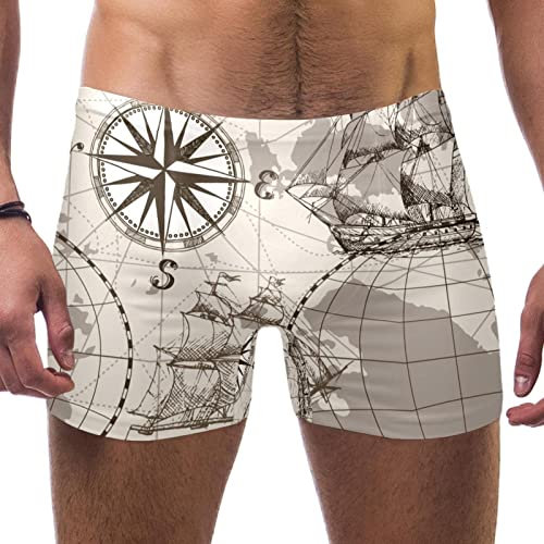 Honexa Herren-Badehose, elastischer Bund, kurzer Boxer-Badeanzug, Sommer, Strand, Board-Shorts, Größe S, Karte Anker Kompass Leuchtturm, Mehrfarbig, 56