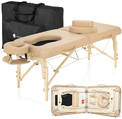ZenGrowth Schwangerschaft-Massageliege Ipanema 71cm | Mobile Comfort Deluxe | Kofferliege mit Brust- und Bauchausschnitt | Klappbar, Holz (Beige)