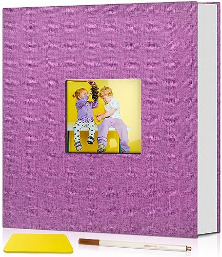 Popotop Fotoalbum selbstklebend mit Bildanzeigefenster, 60 Seiten DIY Scrapbook Album für 10x15 Bilder, Leineneinband Erinnerungsbuch für Baby Hochzeit, mit Scraper und Metallic Stift