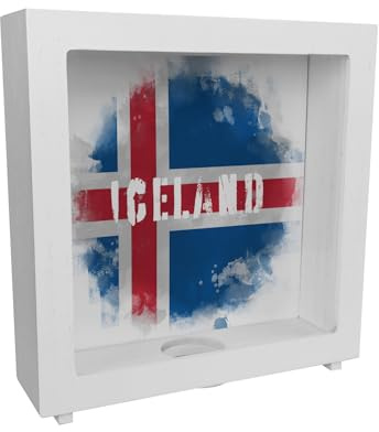 Rahmen Spardose aus Holz mit Island-Flagge im Used Look - Sparschwein für Urlauber eine schöne Sparbüchse mit der isländischen Nationalflagge verziert um auf die Reise nach Island