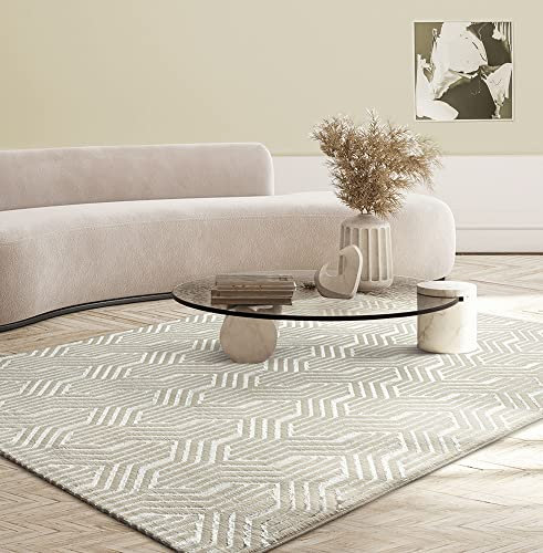the carpet Mila - moderner Kurzflor Teppich, Wohnzimmer, Schlafzimmer, Eleganter Glanz, Glanzfaser, Hoch-Tief Effekt, Creme, 140 x 200 cm