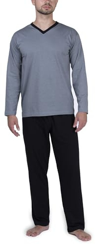 Moonline Herren Schlafanzug lang 100% Baumwolle | Pyjama von Größe M bis 6XL aus weichem Baumwolljersey, langes Homewear-Set gestreiftes Shirt mit V-Ausschnitt, Gummizugbund