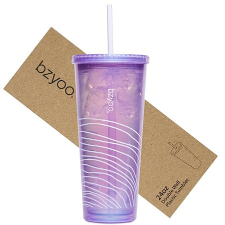 bzyoo SIP Gobelet en plastique à double paroi de 710 ml avec couvercle et paille – Tasse de voyage réutilisable, parfait pour le bureau, la piscine, les fêtes – Couleur : violet nacré