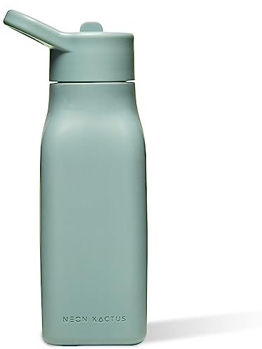 Neon Kactus Bouteille d'eau en silicone pour enfants avec paille pour l'école, les voyages, le sport, 100 % étanche, passe au lave-vaisselle, silicone de qualité alimentaire, sans BPA et sans