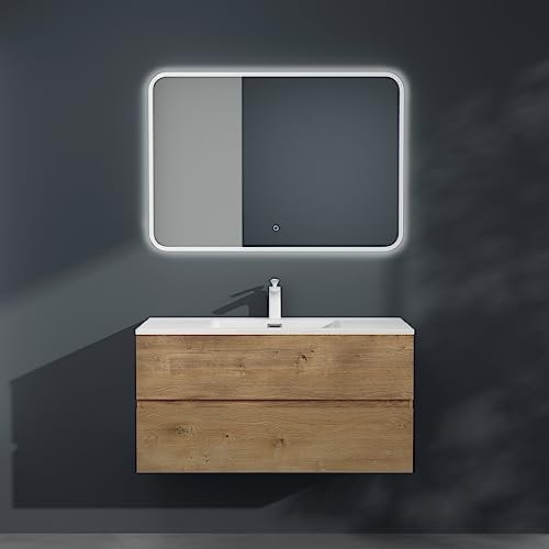 Mai & Mai Meuble sous Lavabo Marron Clair Ensemble de Meubles de Salle de Bains 100x48x50cm Meuble Suspendu avec 2 Tiroirs Desgin AQU