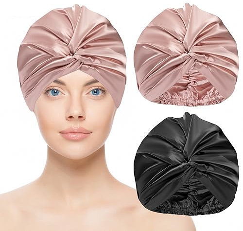 Schlafmütze Seidenhaube Zum Schlafen Silk Bonnet Nachtmütze mit Elastischem Band für Haarpflege Make-up 2 Stück Schwarz Champagner