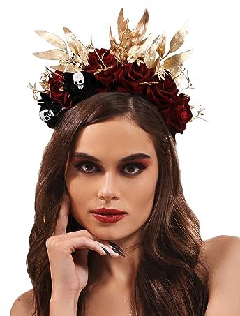 IYOU Bandeau Halloween Femme Serre Tete Fleurs Rouge Couronne Dia de los muertos Mort Feuille Festival Accessoires de Cheveux