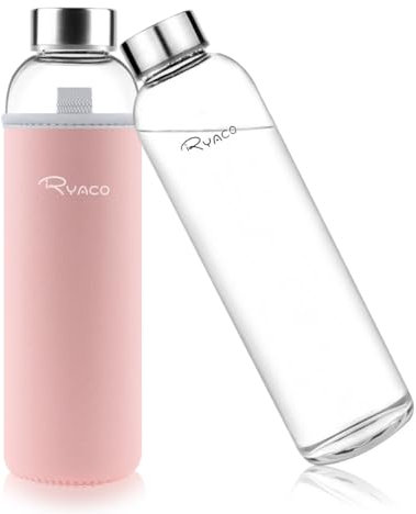 Ryaco Trinkflasche aus Glas 1 liter/1L/1000ml,Glasflasche mit Neoprenhülle,Glastrinkflasche mit Schraubverschluss,Wasserflasche Glas für heiße kalte Getränke,spülmaschinenfest