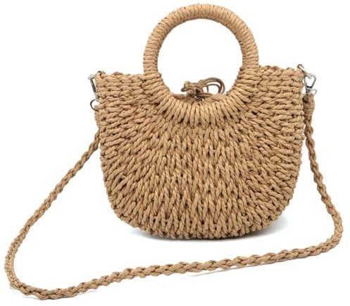 ATQCOL Kleine Stroh-Tragetasche für Damen, Sommer, Strand, Umhängetasche, handgewebte Rattan-Clutch für den Urlaub, Braun, Small