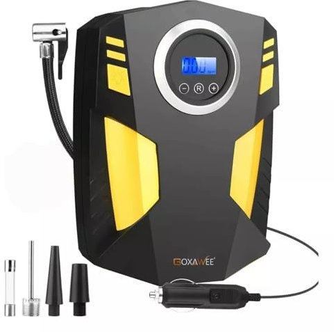 Inflador Ruedas Coche Digital, Compresor Aire coche Portátil GOXAWEE con 3 Adaptadores de Boquilla, hinchador ruedas coche 12V con Luz LED Digital para Neumáticos de Coche, Bicicletas, Motos