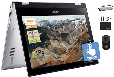 Acer Chromebook Spin 2024 nuevo portátil convertible 2 en 1, procesador MediaTek MT8183C de 8 núcleos, visualización táctil HD IPS de 11.6 pulgadas, 4 GB de RAM, 192 GB (64 GB eMMC+tarjeta de 128 GB),