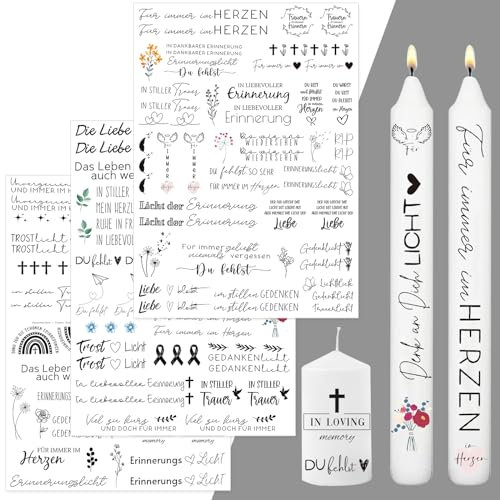 Trauer Kerzentattoos,Trauer kerzenfolie,verschiedene Motive,3 Stück A4 - Kerzensticker - Wasserschiebefolie - Kerzen - Erinnerung - Gedenklicht - Kondulenz Trauer Deko Geeignet für Kerzen/Keramik