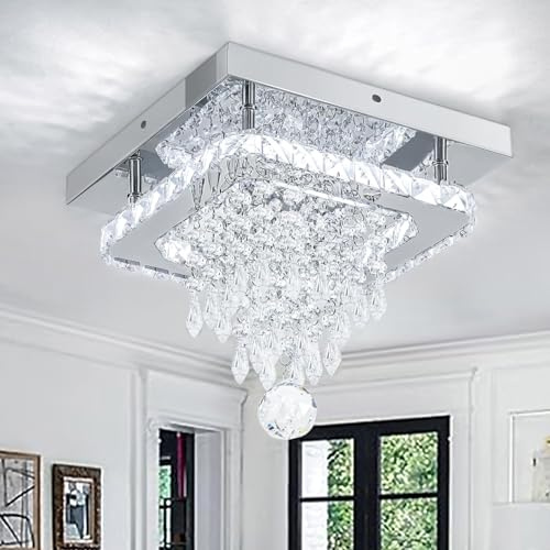 Lhome K9 Crystal Chandeliers Ceiling Light, Stainless Steel Square LED Ceiling Lights Light Fixture, Modern Flush Mount Ceilings Light for Hallway, Bedroom, Foyer, Kitchen,Living Room (Cool White)