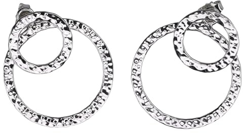 SILBERMOOS Damen Ohrstecker zwei Kreis offen beweglich rund gehämmert geschmiedet glänzend 925 Sterling Silber Ohrringe