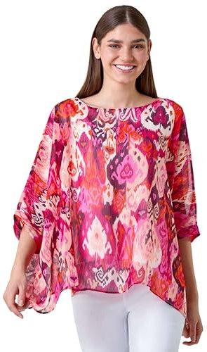 Roman Overlay Top for Women UK - Ladies Summer Blouse Spring Everyday Holiday Autumn Work Winter Round Neckline Comfy Pull-On Soft Vacation 3/4 Length Sleeves - Pink - Size SM