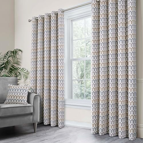 Curtina - Grey Woven Curtains W66 x L72 (168 x 183cm) - Geometric Eyelet Curtains in Grey/Natural Tones - Chenille Pattern Drapes for Living Room/Bedroom - Door Curtain - Arcadia Collection