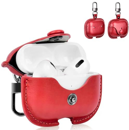 YAODLE hülle Kompatibel mit Airpods Pro 2 Schutzhülle echtem PU-Leder hülle,Mit Karabiner,Anti-Fingerabdruck,Anti-Abrieb（Rot）