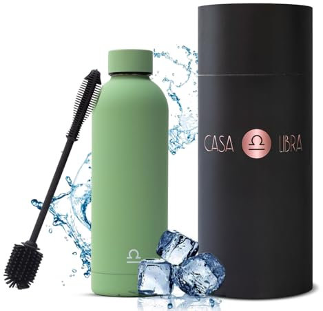 CASA LIBRA Botella de agua de acero inoxidable de 500 ml, exterior aterciopelado, sin BPA y a prueba de fugas, control de temperatura duradero, incluye cepillo de limpieza