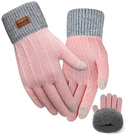 FORVEVO Winterhandschuhe Damen mit Fleecefutter,Weich Thermohandschuhe,Wärmende Strickhandschuhe Touchscreen für Outdoor Laufen Skifahren Radfahren(Rosa)