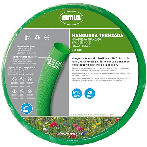 Amig - Manguera de Jardín - Flexible y Resistente - Triple Capa PVC con Refuerzo de Poliéster - Soporta -20°C a 60°C - Ideal para Riego y Limpieza, Verde, 25m x Ø19mm, Cloruro de Polivinilo